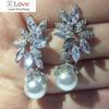 Fashion Elegant Female Jewelry White Gold Cz Drop Earings With Imitation Pearls Flower Earrings For Women Gift