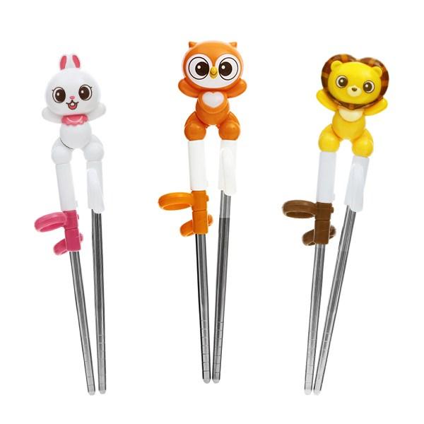 Edison Friends Stainless Steel Infant Correction Chopsticks Level 1 3-piece Set for Right Hand, Rabbit + Owl + Lion, 1 Set