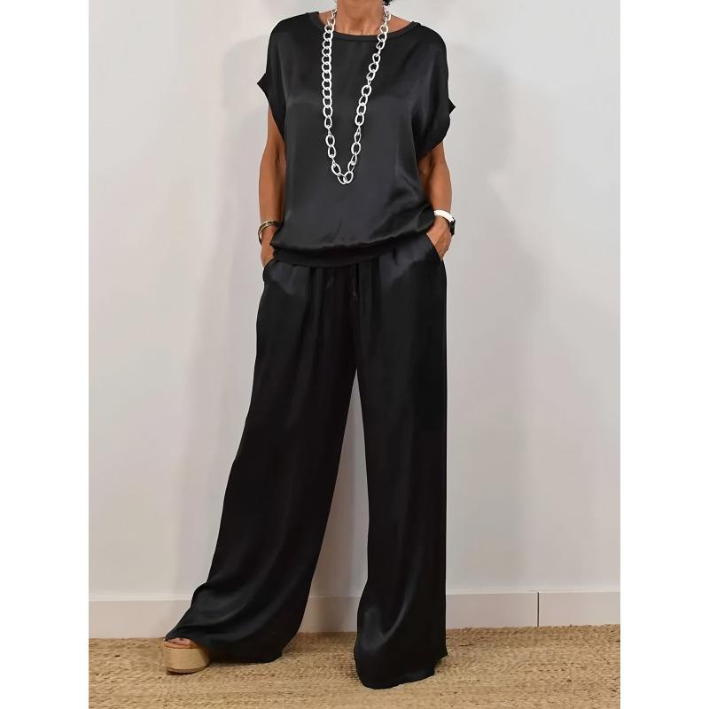 JKASHDK Women's Fashion Casual Summer Spring Solid Color Print Short Sleeve O-Neck Trousers Pants Suits