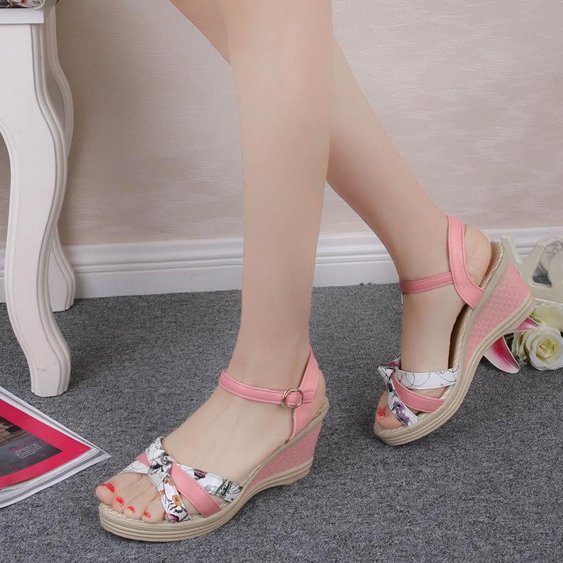 Fashion Womens Summer Casual Wedges Floral Printed Lattice High-heeled Beach Sandals Peep Toe Shoes