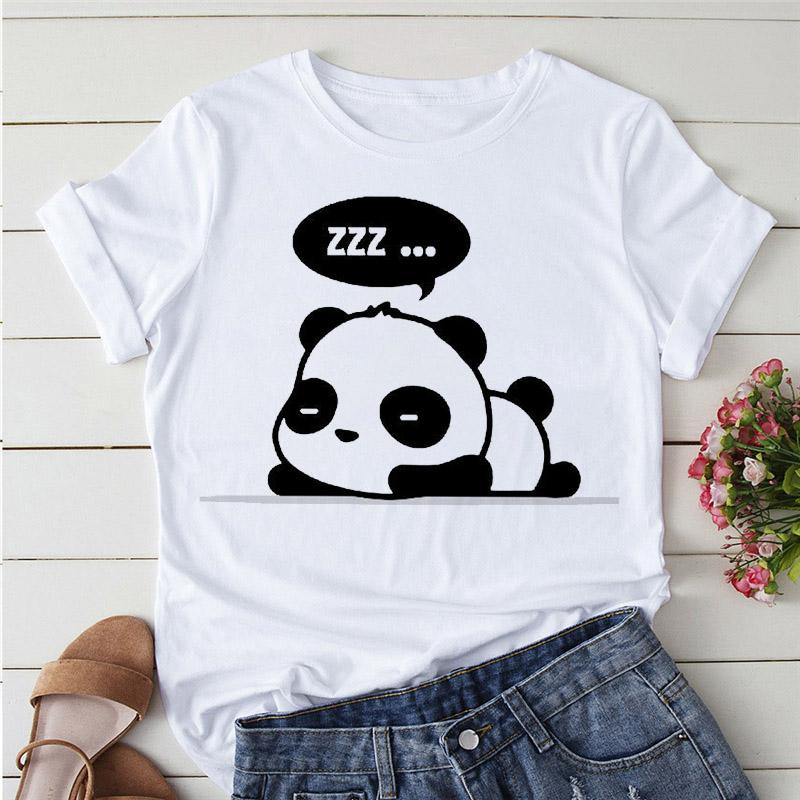 Aesthetics Cute Panda Print Women Basic Tees Cartoon Top O-Neck Simple Tee Short Sleeve T-Shirt Ladies Tees Graphic White Tshirt