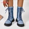 Fashion Aphixta Retro Lace Up Women Boots Side Zip Modern Boots Women Boots Blue 4CM Square Heel Lady Footwear Shoes Botas Mujer Botines