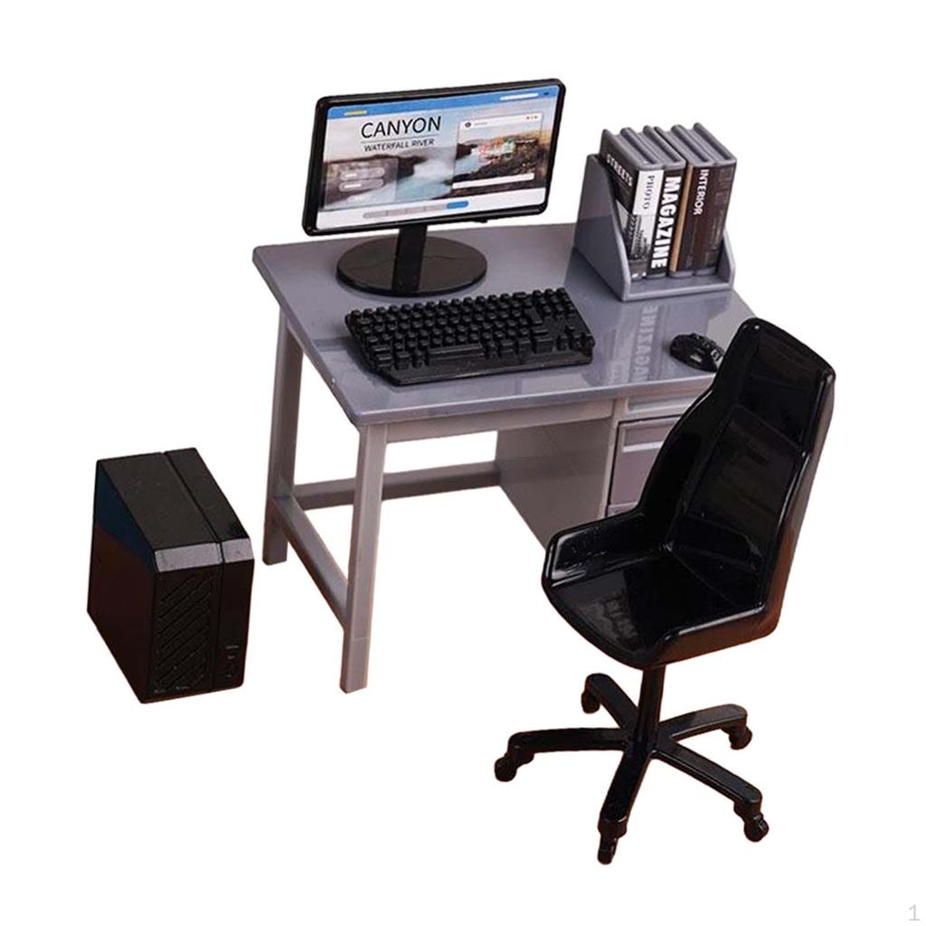 1/12 Computer Desk and Chair Miniature Gaming Table with Keyboard Model for Decoration