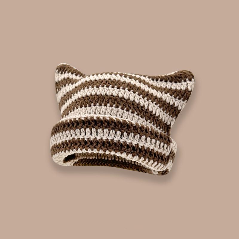Cute Devil Horn Knitting Striped Beanie Hat Autumn Winter Knitted Wool Caps Girl Cat Ear Pointed Pullover Women Bonnet Hats