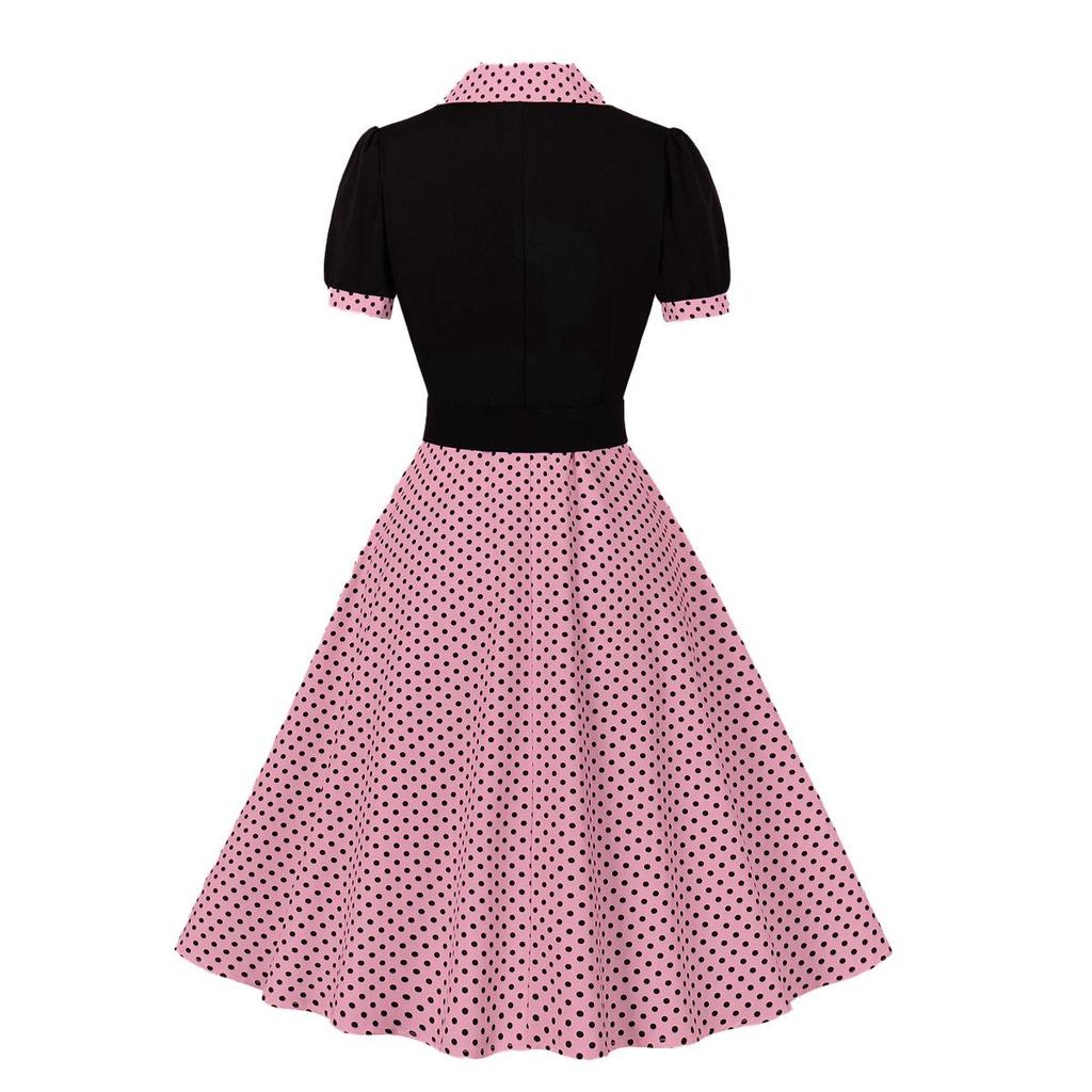 Women's Polka Dot Swing Dresses Lapel Buttons High Waist Belt Slim Fit Short Sleeves Summer Dress Office Work Casual Wear Vintage Outfit