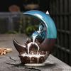 Crescent Moon Backflow Incense Holder with 20 Incense Cones Lotus Leaf New Moon Fountain Waterfall Ceramic Incense Burner Home Ornament Decoration