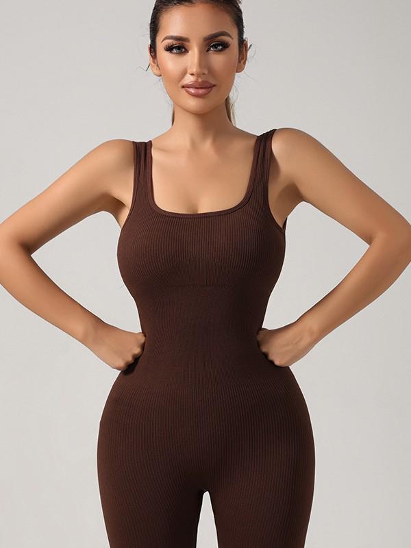 Seamless Ribbed Fitness Jumpsuit with Chest Pad