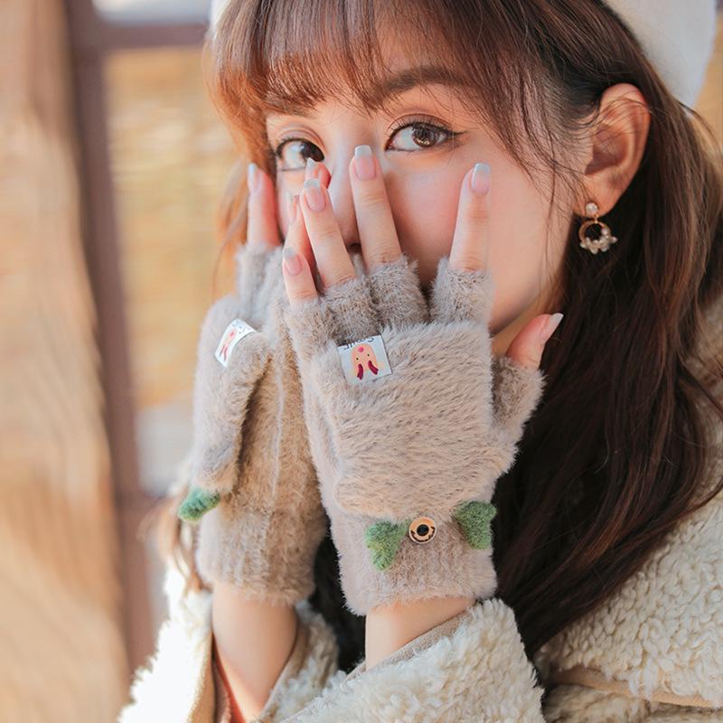 Women's Autumn & Winter Knitted Half-Finger Flip-Top Gloves - Warm, Cold-Proof, and Cute for Outdoor Cycling