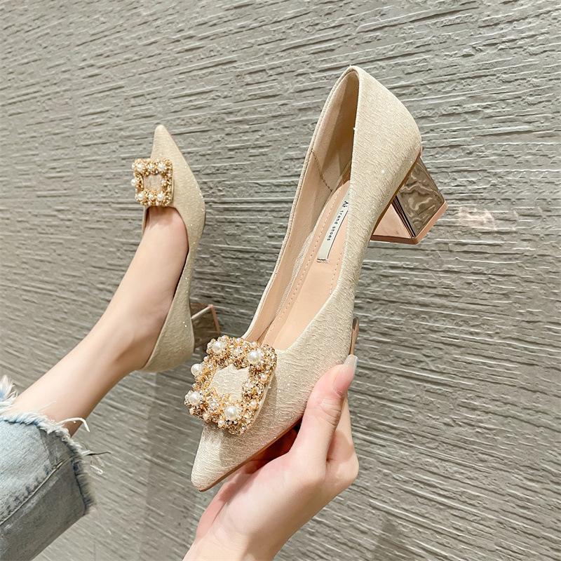 2024 Shoes Women Spring New Korean Version Pearl Rhinestones Pointed Toe Women's Shoes Chunky Heels Pumps Zapatillas Mujer
