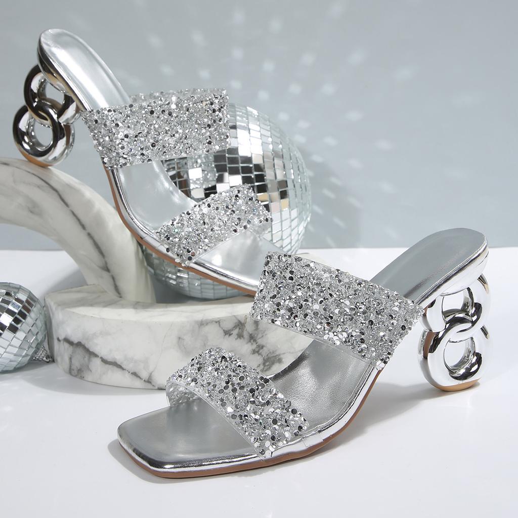 Fashion Brand Design High Heels Gold Silver Glitter Sandals Women Square Toe Plus Size 35-43 Summer Mule Shoes Woman Gladiator Slippers