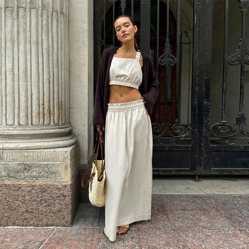 Summer Cotton Linen Women's Suspender Half Skirt Set Short Vest Casual Solid Color Set Female Split Long Skirt Matching Sets