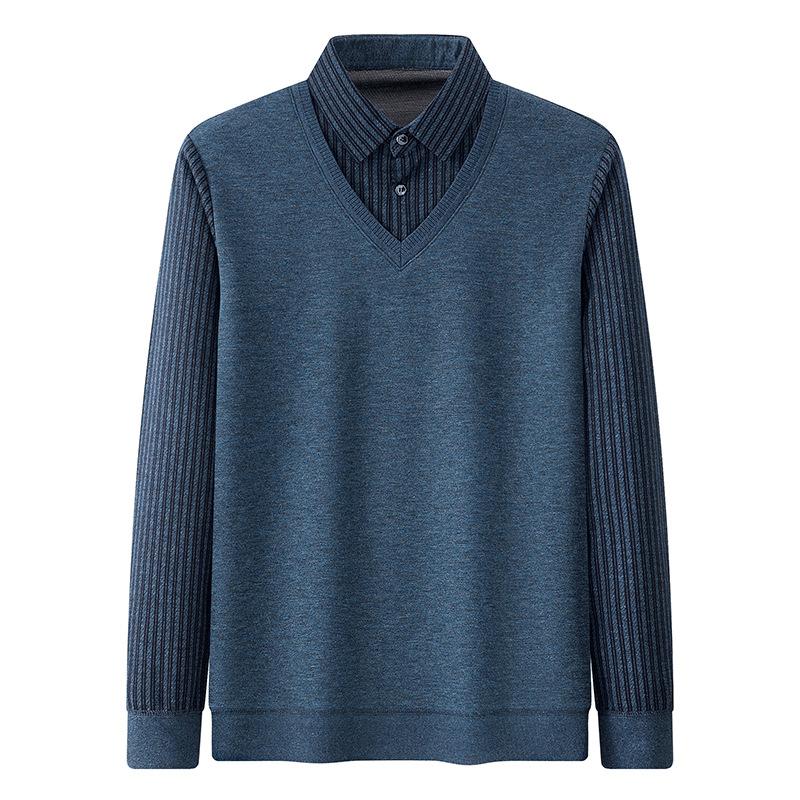 Business Lapel Fashion Striped Knitted Sweater Men's New Fake Two-Piece Knitted Sweaters Young and Middle-Aged Shirt Collar Top