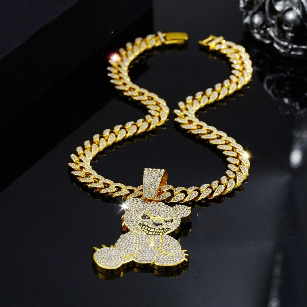 Rhinestone Pendant Necklace Bear Shape Bling Bling Necklaces New Hip Hop Necklace  For Men Women