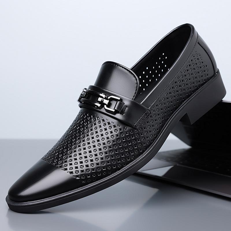 New Fashion Leather Men's Sandals Leather Shoes Summer Leather Holes Breathable Hollowed Out White Business Dress Casual Shoes