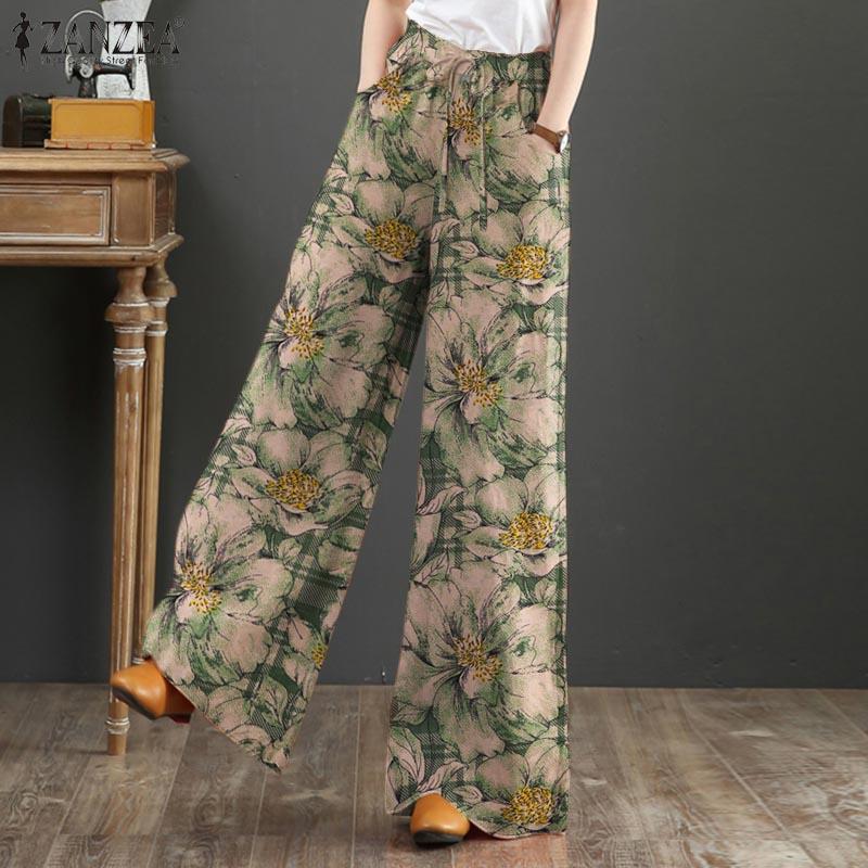 ZANZEA Women Floral Print Casual Elastic Waist Wide Leg Trousers Pants