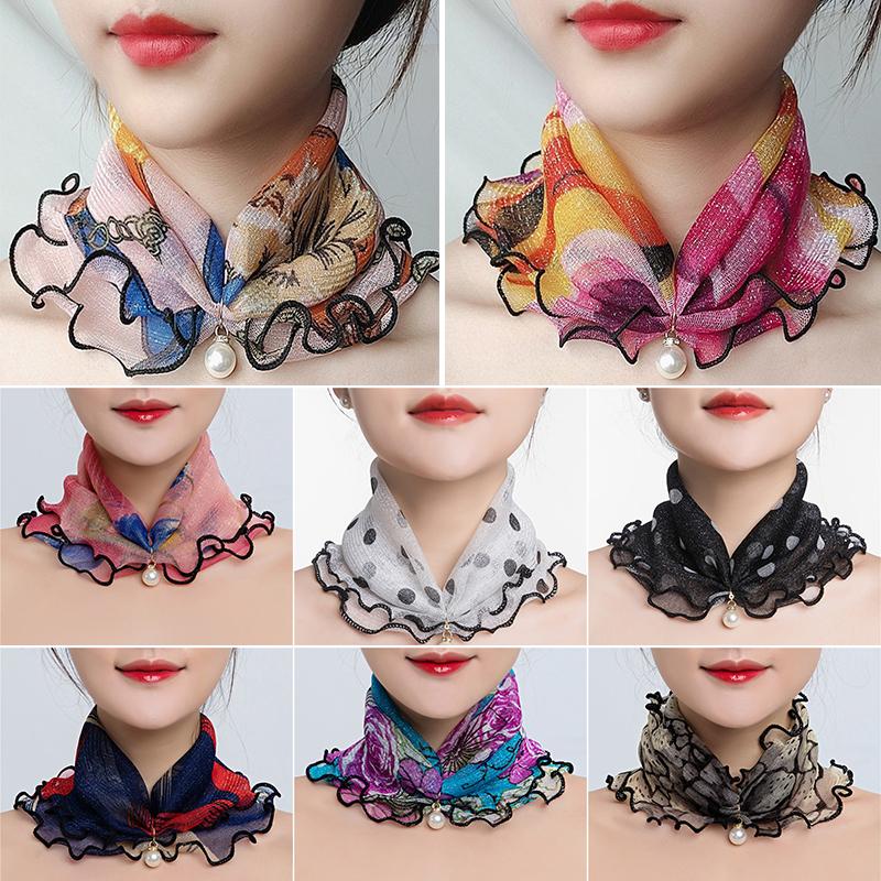 Mesh Pearl Pendant Fake Collar Elegant Printed Women False Collar Ruffle Lace Small Scarf Shiny Headware Dress Accessories