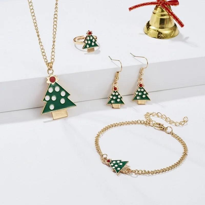4pcs/set Christmas Necklace Earrings Bracelet Ring Four-piece Christmas Ornaments Xmas Gift Sjewerly Sets for Women