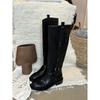 Cowhide Version~ High Tube Temperament Metal Buckle But Knee Knight Boots Women's Black Leather Thick Heel Side Zipper Boots