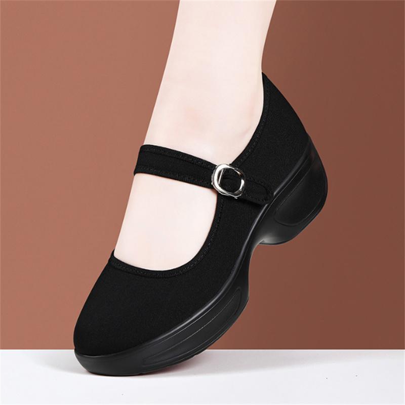 High Heels Thick Soled Women's Cloth Shoes Women Black Platform Pumps Anti Slip Dance Work Shoes Breathable Comfort Mother Shoes