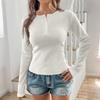 Women's Fashion Solid Color Round Neck Button Long Sleeve Top