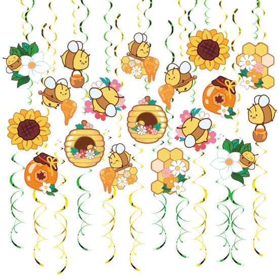 48 Pcs Bumble Bee Hanging Swirl Decoration Bee Themed Party Foil Ceiling Streamers for Baby Shower Birthday Party Decoration