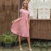 Summer Fall Dot Print Long Dress Women Casual O-neck Short Sleeve High Waist Slim Bandage Belt S-XL