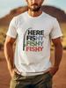 Summer Casual Graphic Tee - Men's "Here Fishy Fishy" Black  T-Shirt - Round Neck, Short Sleeve with Colorful Fishing Rod Print