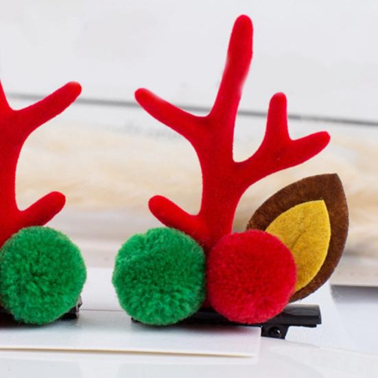 1 Pair Reindeer Antler Hair Clips for Christmas Fluffy Ear Headband with Pom Poms Festive Girls Hair Accessories Gift for Women Kids