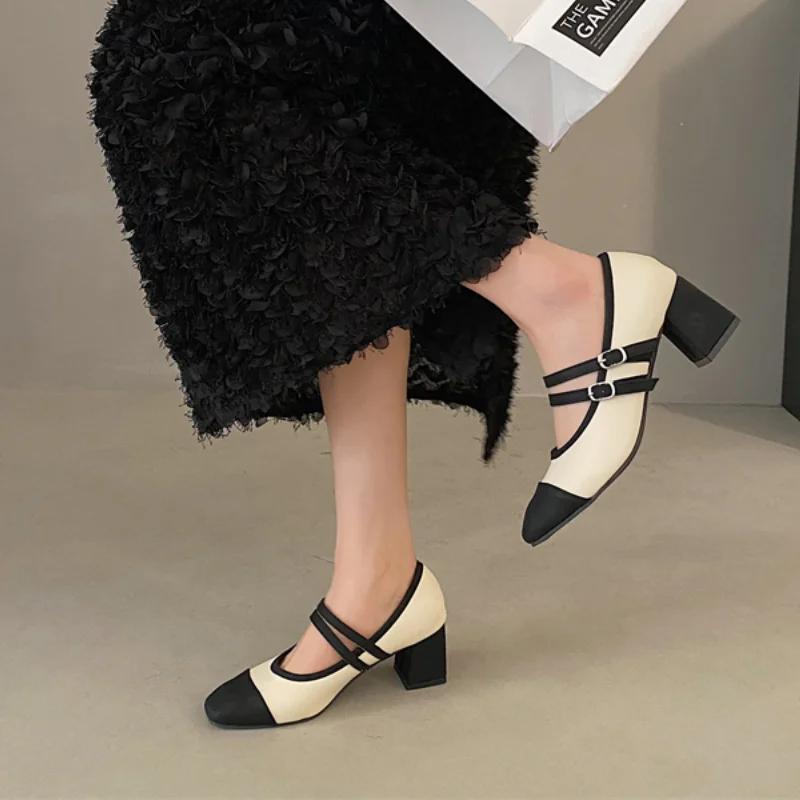 Women's Shoes 2024 Hot Sale Mary Janes Buckle Strap Women's High Heels Elegant Pointed Toe Color Matching Shoes Women Zapatos