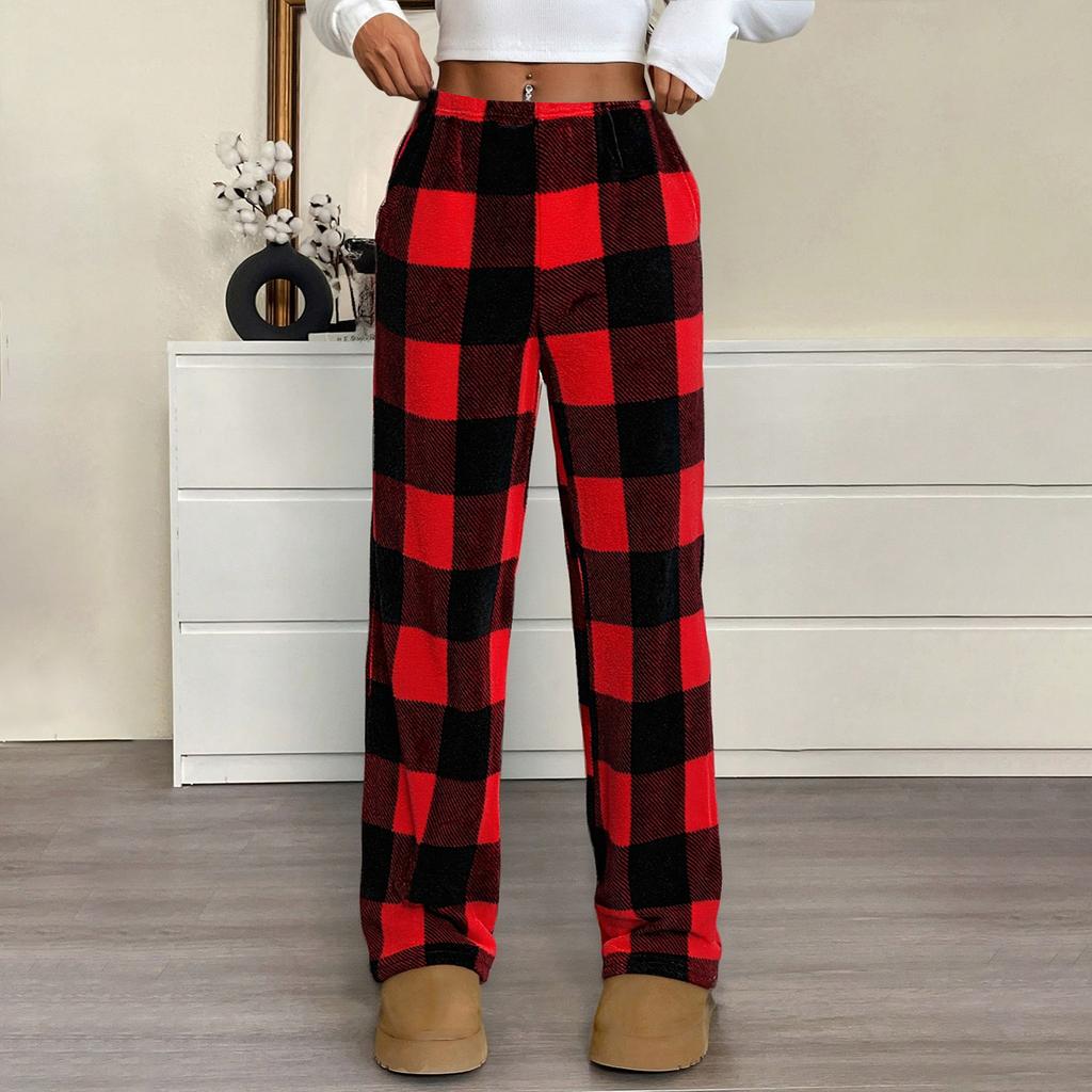 Women Pajama Pants Plush Sleep Pants Soft Elastic Waist Pajama Bottoms Plaid Pants With 2 Pockets
