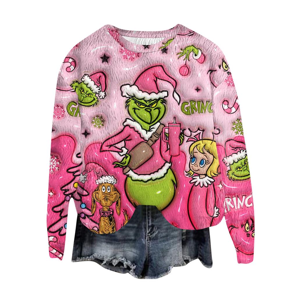 Women's Fashion Round Neck Pullover Top Long Sleeve Tee Christmas Printed Sweatshirt