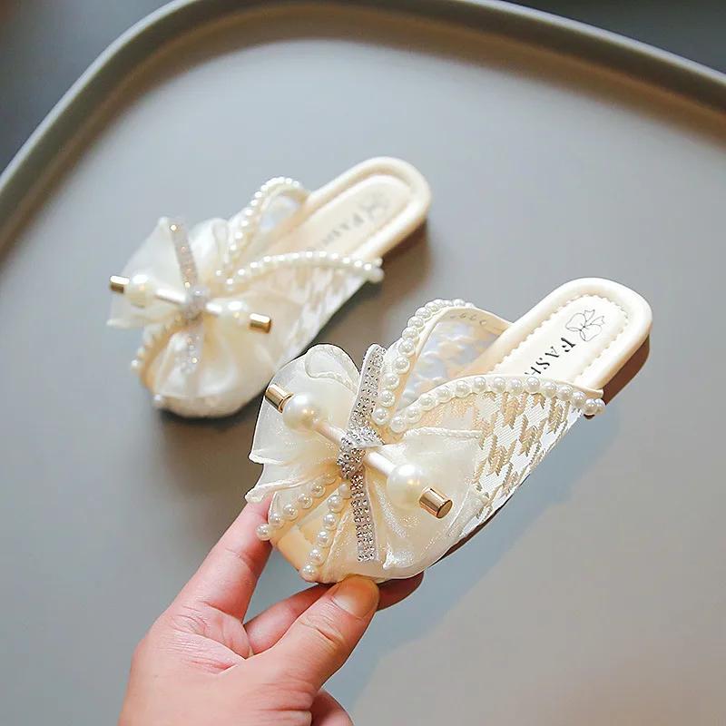 Girl's Lace Mesh Peep Top 2024 Summer New Fashion Children‘s Soft Sole Simple Pearl Bow Covered Toes Princess Shoes for Vacation