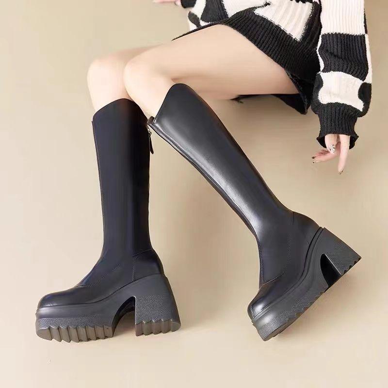 Tall Knight Boots 2025 Autumn and Winter New Super High Heel Solid Color Small Man But Knee Height Increase Thick Heel Boots
