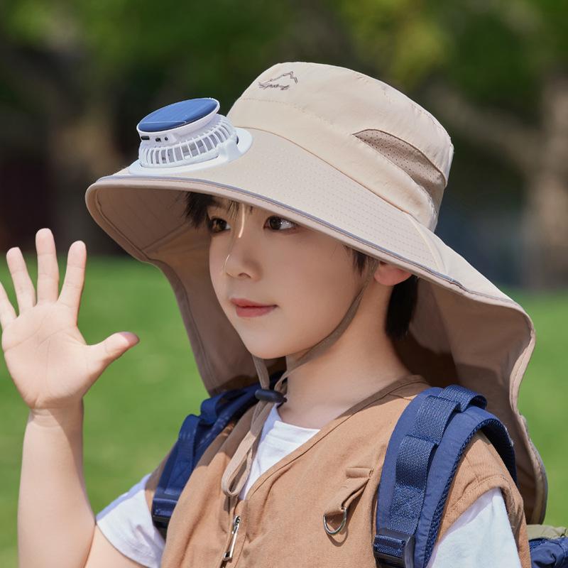 Children's hats summer boys and girls outdoor sun protection hat eaves shawl bucket hat solar fan sun hat
