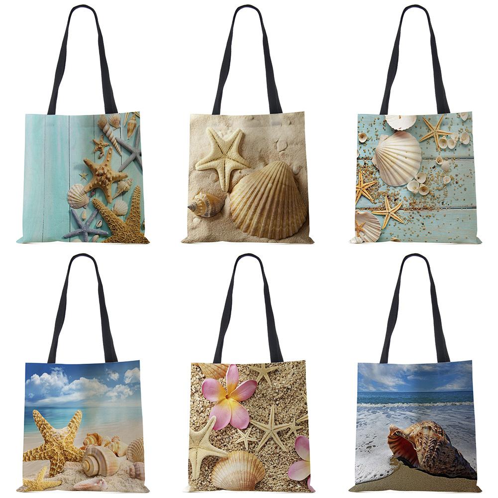 Ladies Shoulder Bag Blue Ocean Starfish Beach Sand Prints Tote Bag Linen Fabric Beautiful Casual Practical Handbag