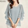 Women Casual Round Neck Ruffles Sleeve Loose Blouse