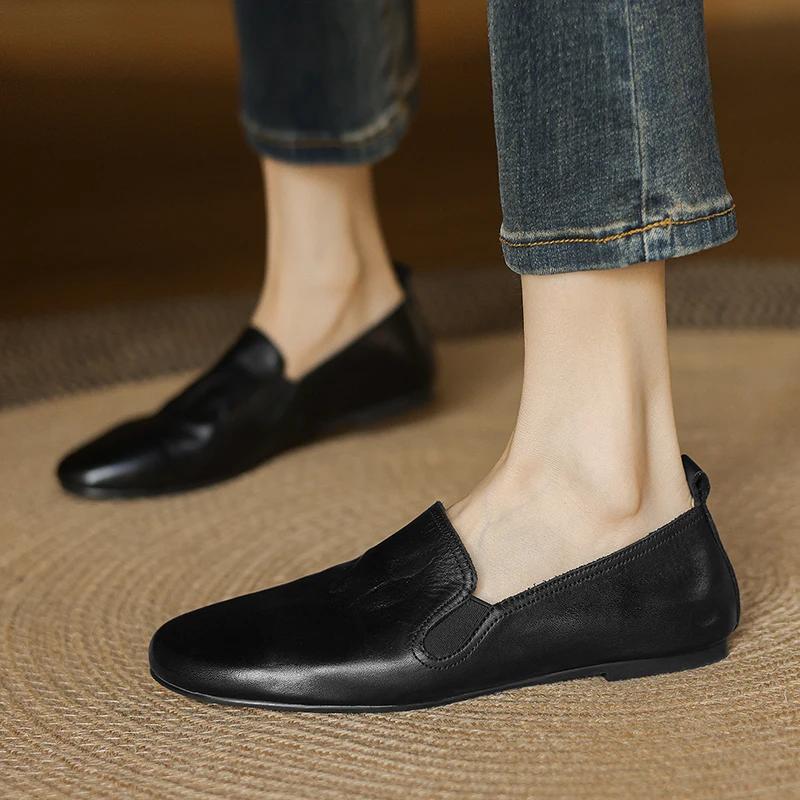 Fashion 2025 Spring Women Shoes Round Toe Chunky Heel Women Flats Women Shoes Genuine Leather Retro Loafers Ladies Shoes