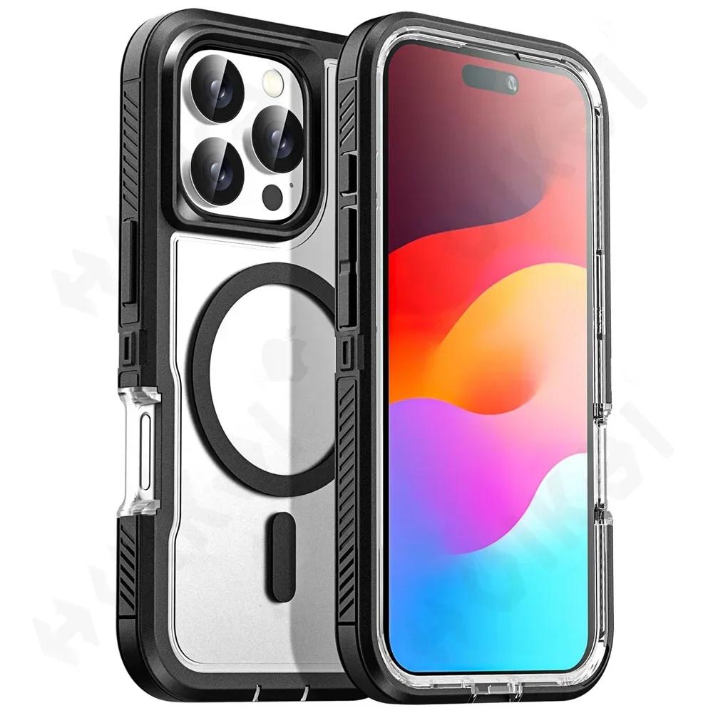 Rugged Armor Case for IPhone 16 15 14 13 12 11 Pro XR Max Plus Magsafe Wireless Charger Heavy Duty Shockproof Anti-Scratch Protective Kickstand Cover