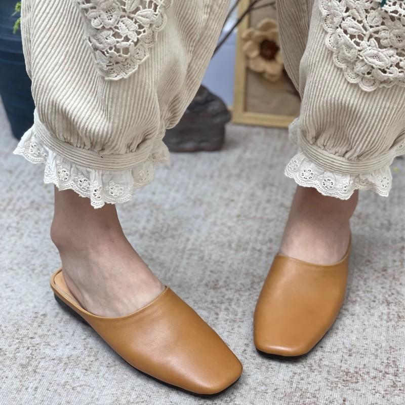 Fashion GKTINOO 2025 Summer New Genuine Leather Soft Sole Flat Slippers Retro Solid Color Versatile Women's Shoes Outside Slides