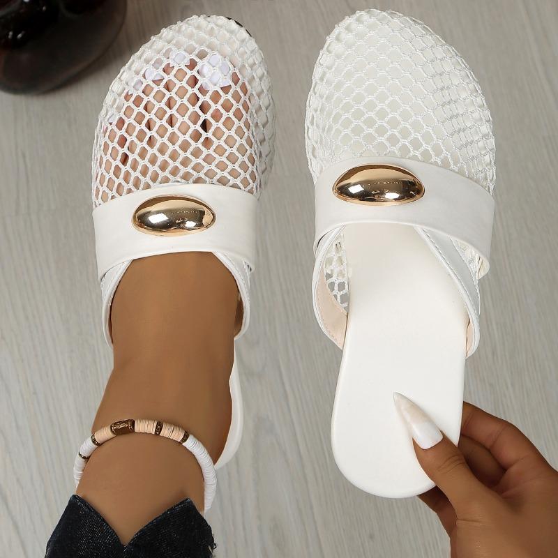 Mesh Breathable Baotou Semi-slippers Women's Spring and Summer New Round Head Metal Buckle Soft Bottom Flat Bottom Cool Mop