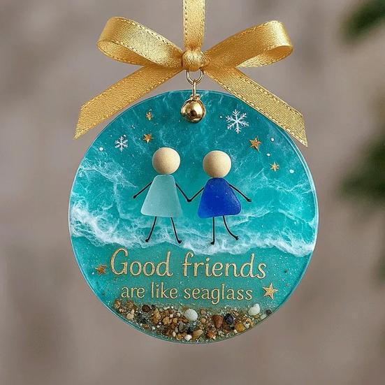 Sea Glass Friendship Ornament Handmade Sea Glass Art Friendship Keepsake Round Acrylic Christmas Tree Ornament for Xmas Party Decor