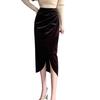 Women Midi Skirt High Waist Irregular Front Slit Design Golden Velvet Skirt Solid Color Design Leg-shaping Skirt