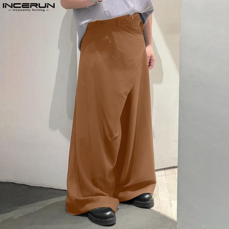INCERUN Men Autumn Spring Solid Color Zipper Waist Trousers Casual Irregular Wide Leg Pants