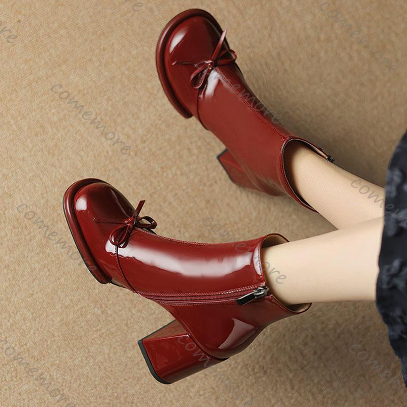 Comemore Women High Heels Goth Ankle Boots Woman Autumn Bows Elegant Leather Chunky Heeled Botas Sexy Platform Wedding Shoes