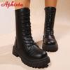Fashion Aphixta Mid-Calf Modern Boots 5.5cm Square Heel Totem Design Back Zip Woman Shoes Lace-up Round Toe Black Boots Big Size 43