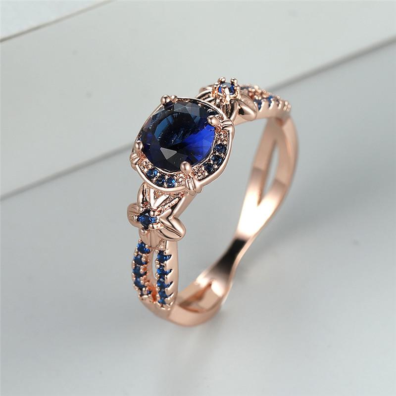 Vintage Rose Gold Color Ring Flower Style Round Cut Blue Stone Rings for Women Luxury Claw Ring Anniversary Gifts