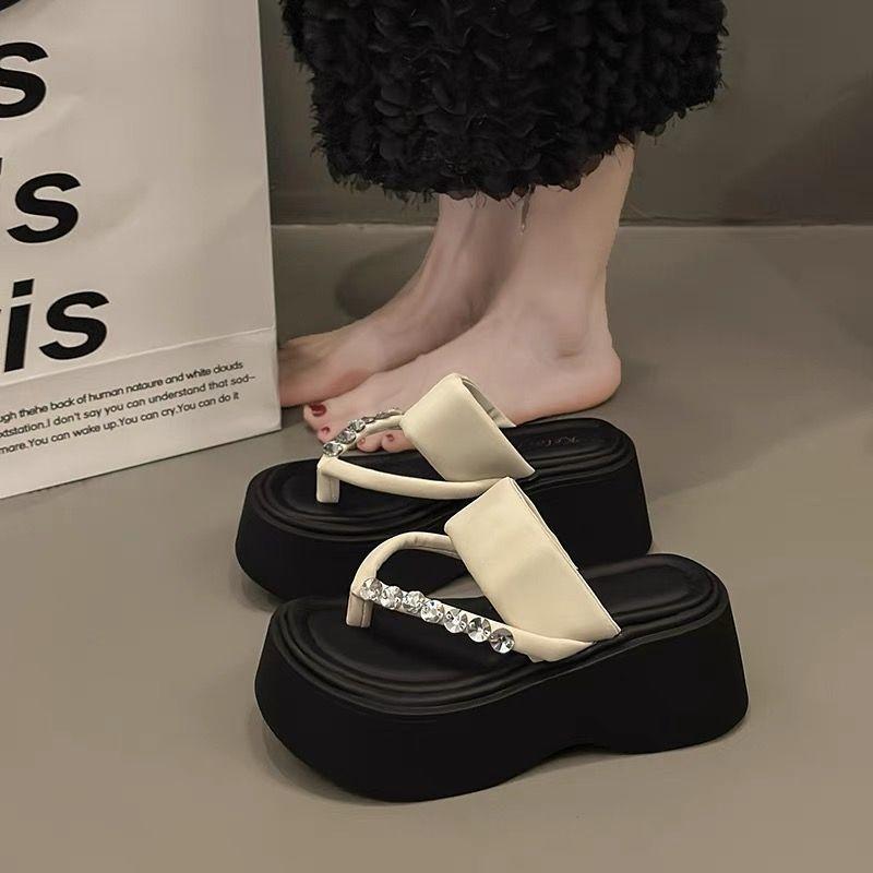 Silver Heightening Rhinestone Pinch Flip-flops for Women In Summer, New Muffin Thick-bottomed Seaside Beach Cool Slippers