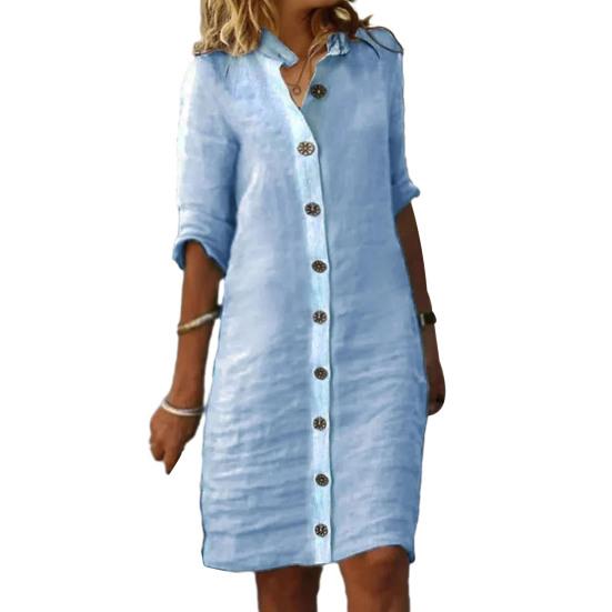 Women Summer Midi Dress Lapel Half Sleeve Solid Color Single-breasted Soft Breathable Buttons Lady Knee Length Dress