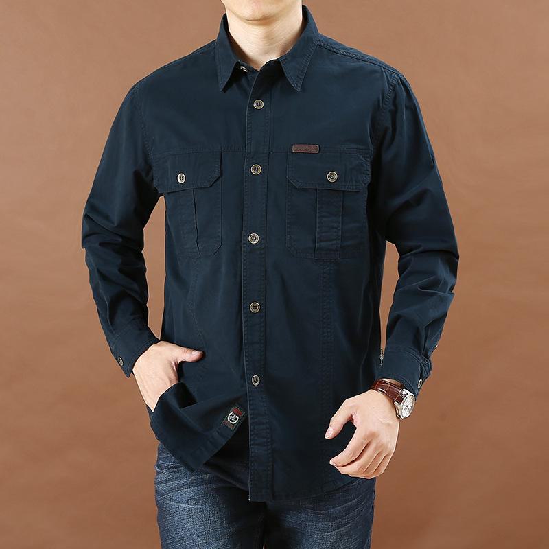 Men's Casual Loose-Fit Long-Sleeve Shirt - Solid Color, Large Size, Autumn Workwear with Pocket