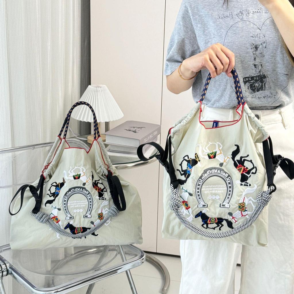 Women's Embroidered Large-Capacity Canvas Tote Bag: Foldable Nylon Crossbody Handbag